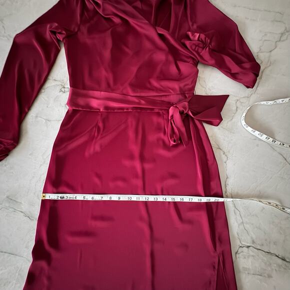 Alexia Admor Dress Sz 8 Red Satin Maxi Faux Wrap Belted High Neck Long Sleeve - Picture 9 of 13